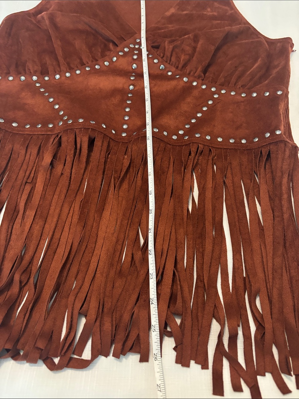Rock & Roll Cowgirl Rust Brown Studded Fringe Faux Micro Suede Tank SZ L Western - Picture 8 of 13